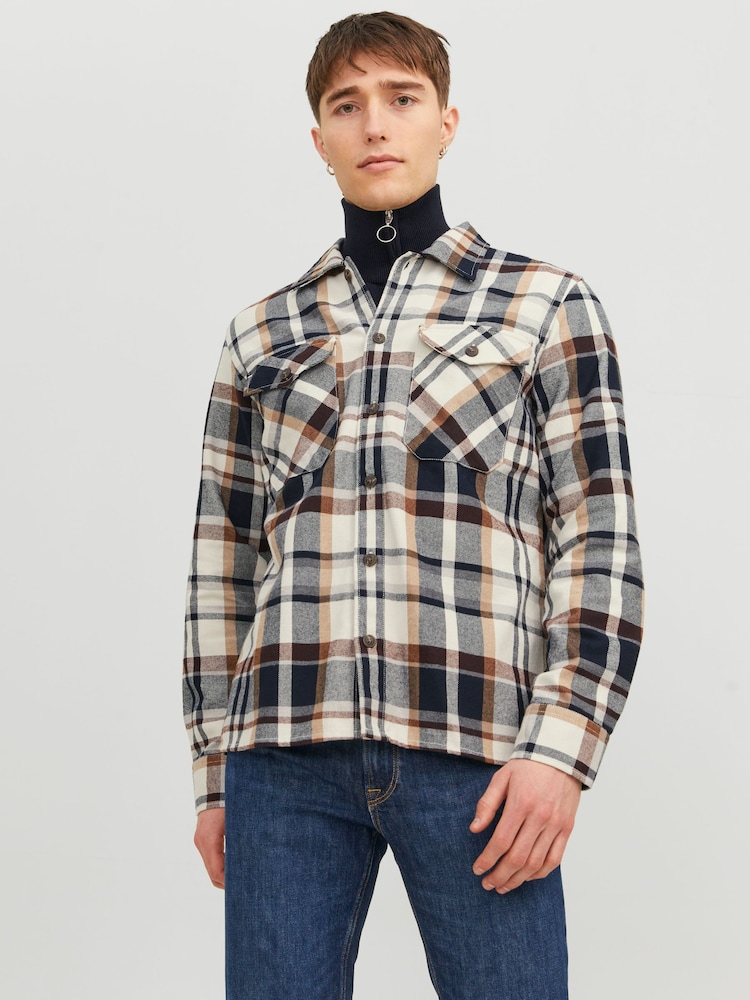 JACK & JONES White Check Utility Button Up Overshirt - Image 1 of 5