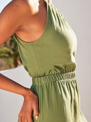 Khaki Green One Shoulder Split Hem Cotton Midi Summer Dress - Image 2 of 4