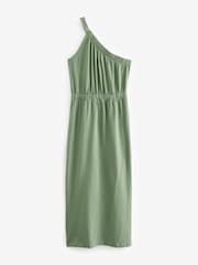 Khaki Green One Shoulder Split Hem Cotton Midi Summer Dress - Image 3 of 4