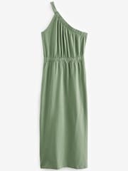 Khaki Green One Shoulder Split Hem Cotton Midi Summer Dress - Image 4 of 4