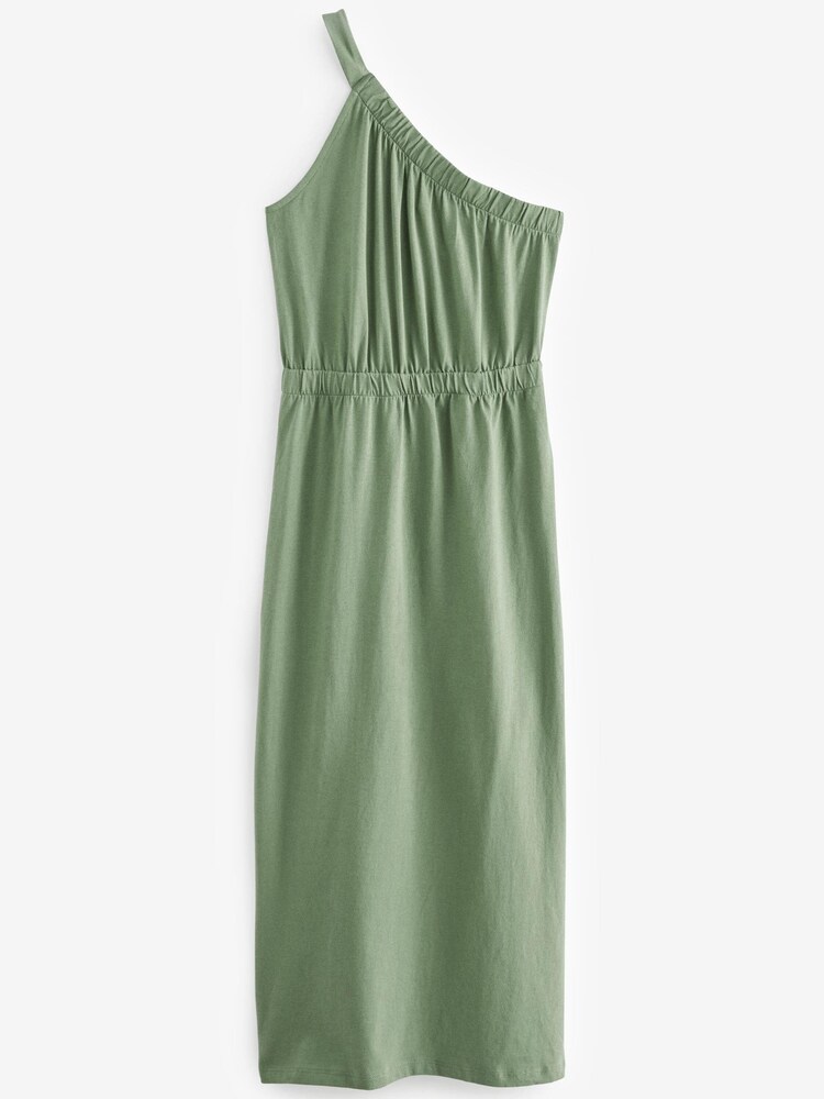 Khaki Green One Shoulder Split Hem Cotton Midi Summer Dress - Image 4 of 4