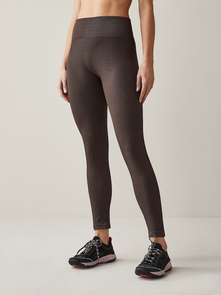 Chocolate Brown Ribbed Seamless High Waist Leggings - Image 1 of 4