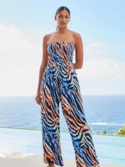 Blue Zebra Print Shirred Bandeau Jumpsuit - Image 1 of 5