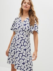 Blue/White Shell print Angel Sleeve Mini Dress - Image 1 of 5