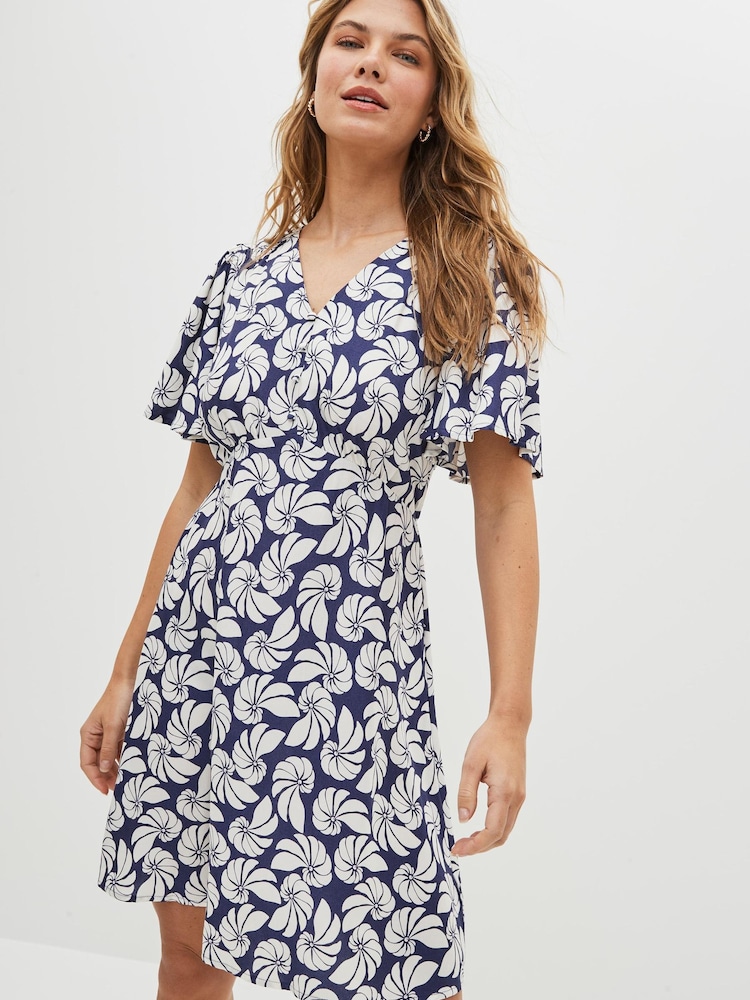 Blue/White Shell print Angel Sleeve Mini Dress - Image 1 of 5