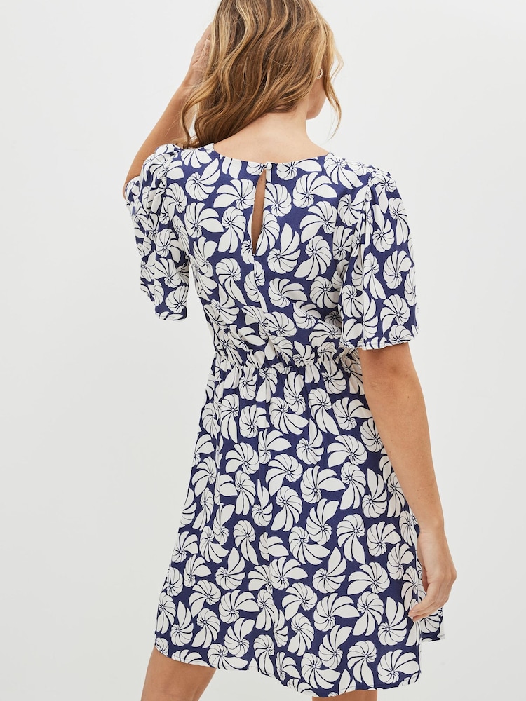 Blue/White Shell print Angel Sleeve Mini Dress - Image 2 of 5