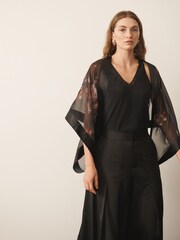 CERENE Jane Black Majestic Floral Print Sheer Cape Cover-Up With Satin Trim - Image 1 of 9