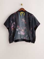 CERENE Jane Black Majestic Floral Print Sheer Cape Cover-Up With Satin Trim - Image 2 of 9