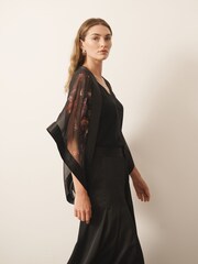 CERENE Jane Black Majestic Floral Print Sheer Cape Cover-Up With Satin Trim - Image 3 of 9