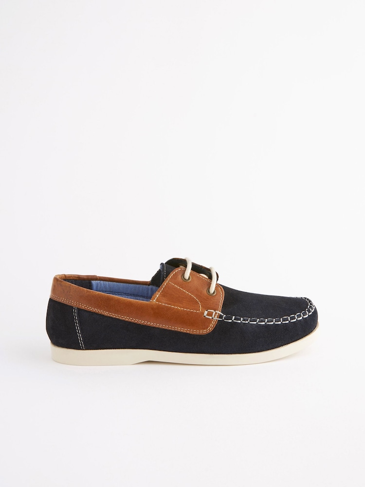 Tan Brown/Navy Blue Leather Boat Shoes - Image 2 of 6 Tan Brown/Navy Blue Leather Boat Shoes - Image 2 of 6