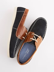 Tan Brown/Navy Blue Leather Boat Shoes - Image 3 of 6