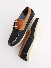 Tan Brown/Navy Blue Leather Boat Shoes - Image 4 of 6