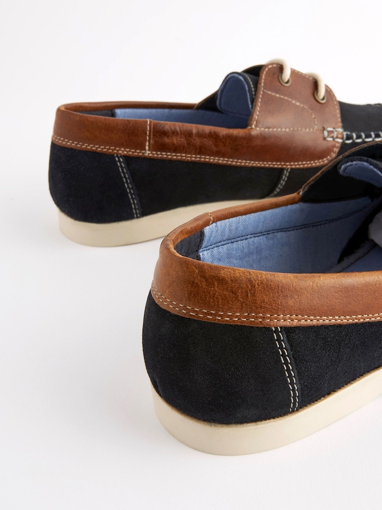 Tan Brown/Navy Blue Leather Boat Shoes - Image 6 of 6