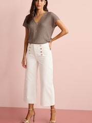 White Button Detail Cropped Wide Leg Jeans - Image 1 of 5