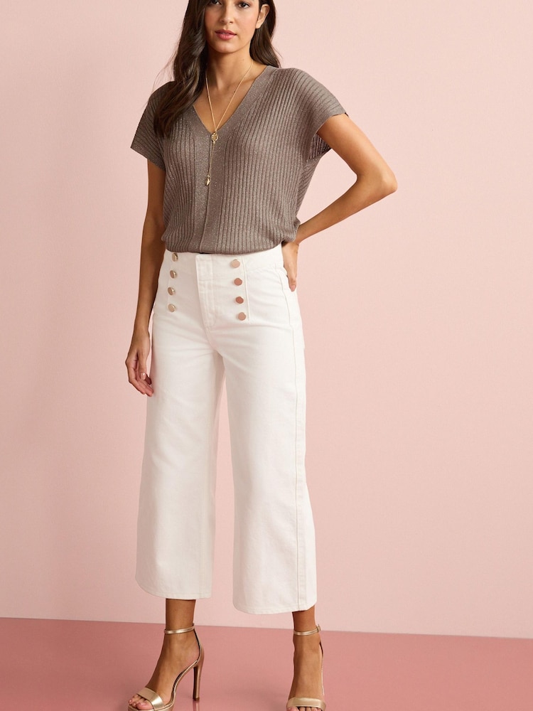 White Button Detail Cropped Wide Leg Jeans - Image 1 of 5