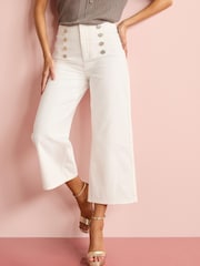 White Button Detail Cropped Wide Leg Jeans - Image 2 of 5