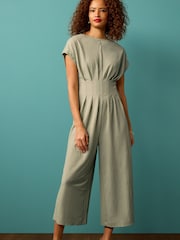 Green Short Sleeve Pleated Corset Detail Wide Leg Jumpsuit - Image 1 of 5