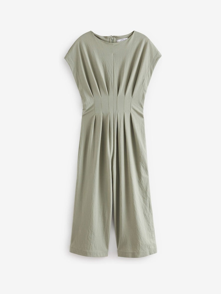 Green Short Sleeve Pleated Corset Detail Wide Leg Jumpsuit - Image 5 of 5