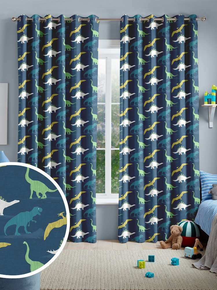 Navy Blue Multi Dino Made To Measure 100% Cotton Curtains - Image 1 of 9