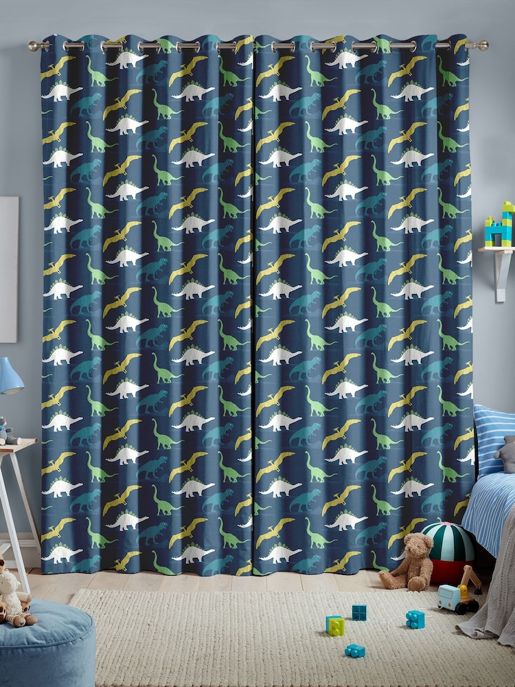 Navy Blue Multi Dino Made To Measure 100% Cotton Curtains - Image 2 of 9