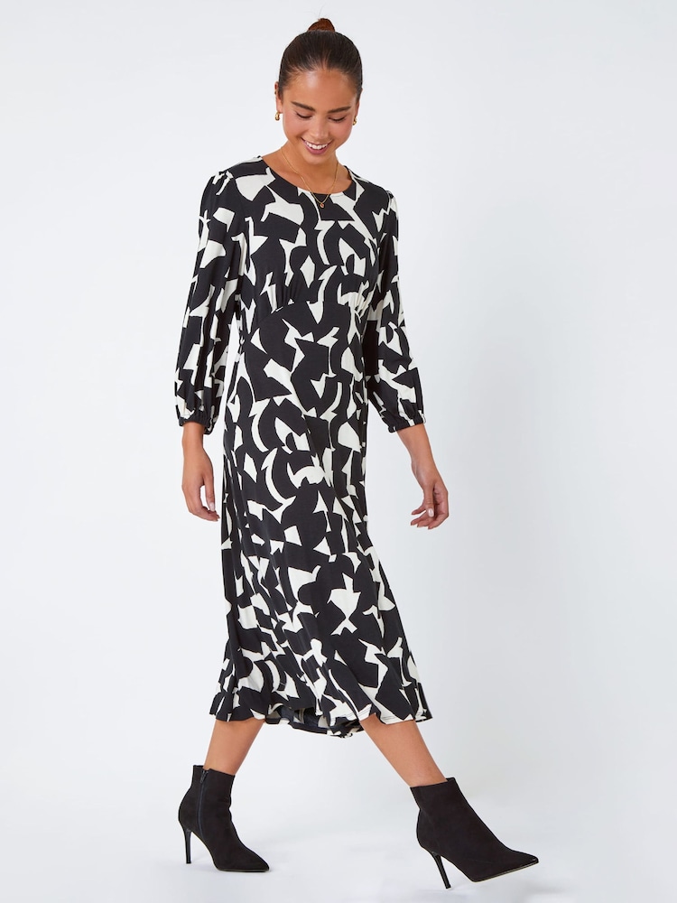Roman Black Petite Geo Print Stretch Midi Dress - Image 1 of 5