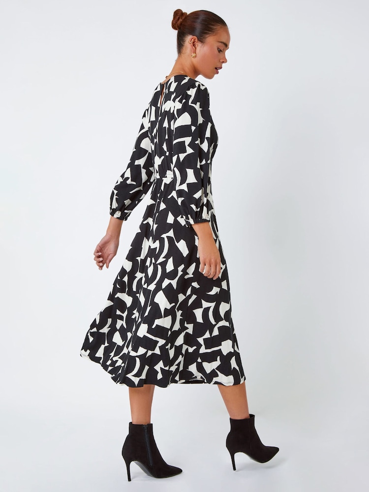 Roman Black Petite Geo Print Stretch Midi Dress - Image 2 of 5
