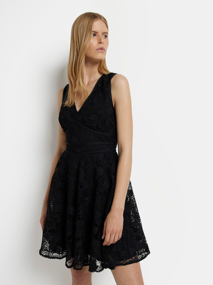 River Island Black Mini Lace Puff Skirt Dress - Image 1 of 5 River Island Black Mini Lace Puff Skirt Dress - Image 1 of 5