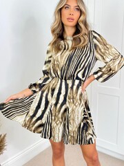 AX Paris Brown Printed Long Sleeve Frill Skirt Mini Dress - Image 4 of 4