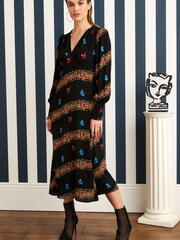 Black Floral Celia Birtwell Long Sleeve Midi Dress - Image 1 of 4