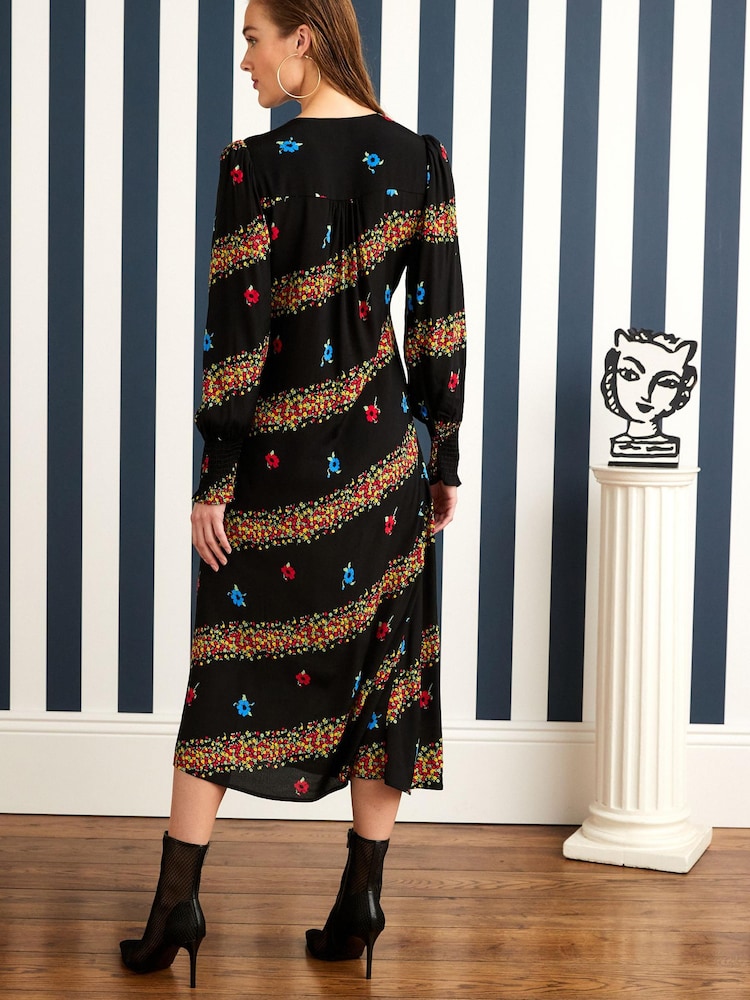 Black Floral Celia Birtwell Long Sleeve Midi Dress - Image 2 of 4 Black Floral Celia Birtwell Long Sleeve Midi Dress - Image 2 of 4