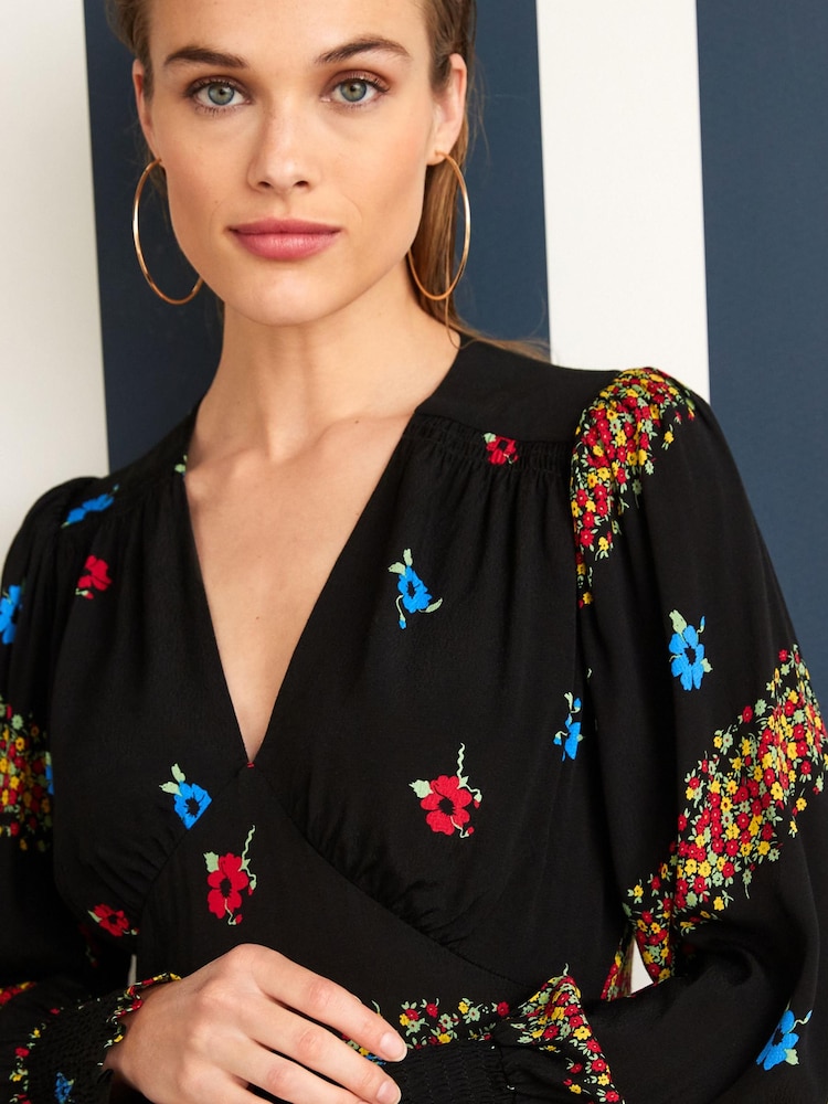 Black Floral Celia Birtwell Long Sleeve Midi Dress - Image 3 of 4