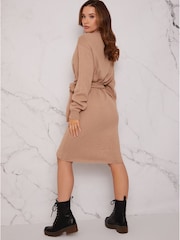 Chi Chi London Cream V-Neck Wrap Jumper Dress - Image 2 of 4