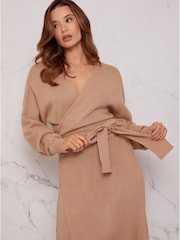 Chi Chi London Cream V-Neck Wrap Jumper Dress - Image 4 of 4