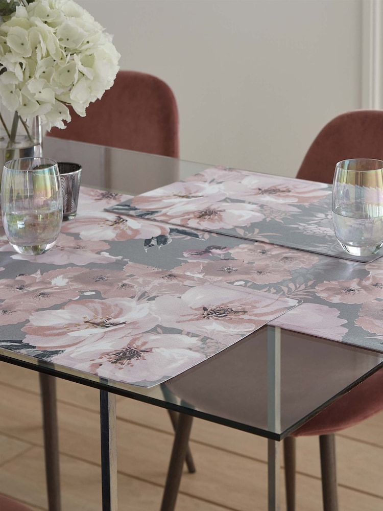 Catherine Lansfield 4 Pack Grey Dramatic Floral Wipeable 100% Cotton Placemats - Image 2 of 4
