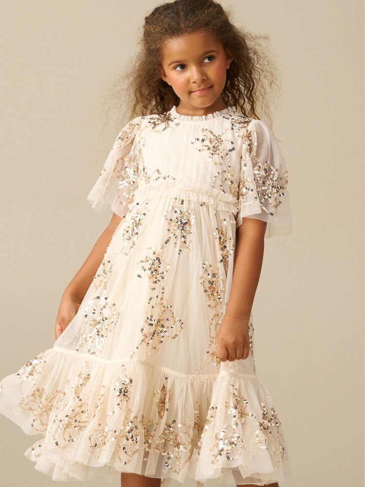 Angel & Rocket Cream Delta Sequin Flower Mesh Dress - Image 1 of 4
