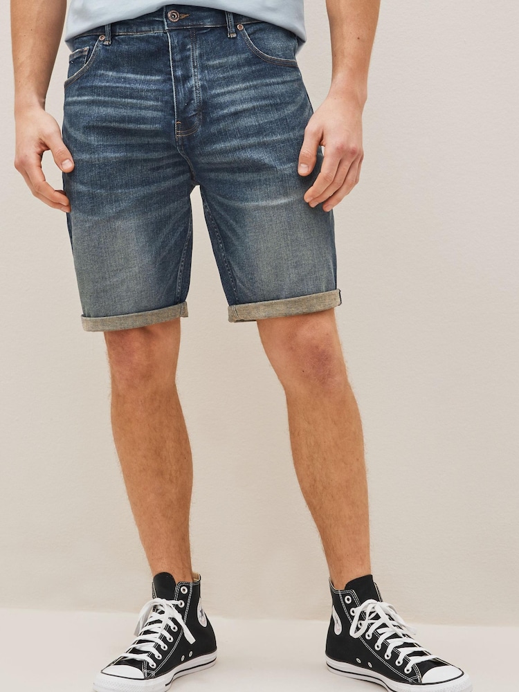 Dark Blue Straight Stretch Denim Shorts - Image 1 of 7