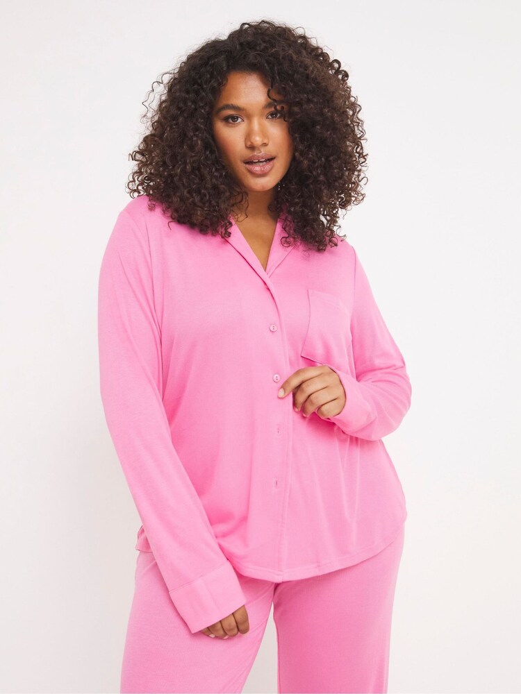 Simply Be Pink Pretty Secrets Ribbed Button Through Pyjama Set - Image 1 of 6