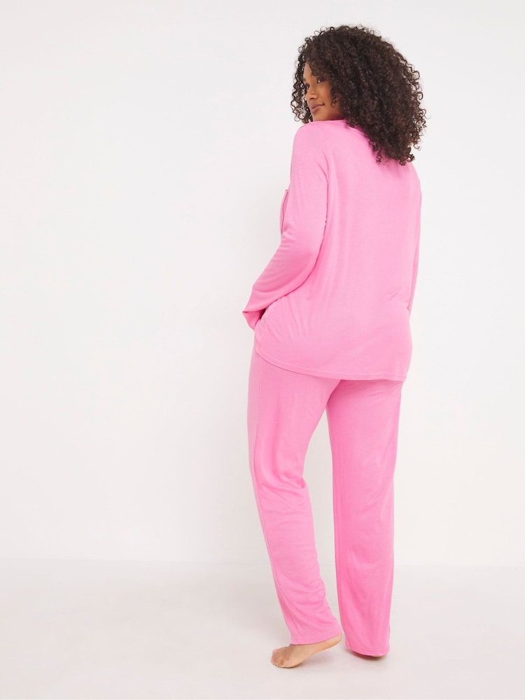 Simply Be Pink Pretty Secrets Ribbed Button Through Pyjama Set - Image 2 of 6