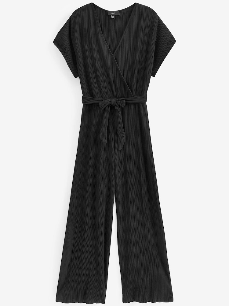 Black Short Sleeve Plissé Jumpsuit - Image 5 of 5