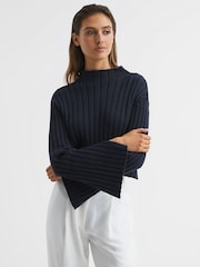 Reiss Navy Gabriella Funnel Neck Cropped Jumper - Image 1 of 6