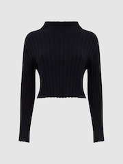 Reiss Navy Gabriella Funnel Neck Cropped Jumper - Image 2 of 6