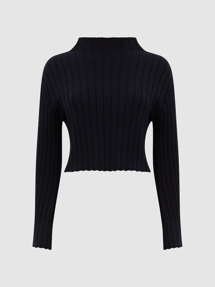 Reiss Navy Gabriella Funnel Neck Cropped Jumper - Image 2 of 7 Reiss Navy Gabriella Funnel Neck Cropped Jumper - Image 2 of 7