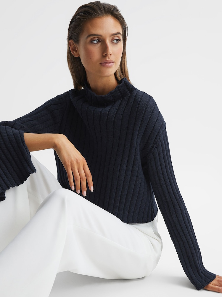 Reiss Navy Gabriella Funnel Neck Cropped Jumper - Image 6 of 6