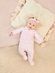 JoJo Maman Bébé Pink Floral Smocked Cotton Baby Sleepsuit - Image 1 of 4