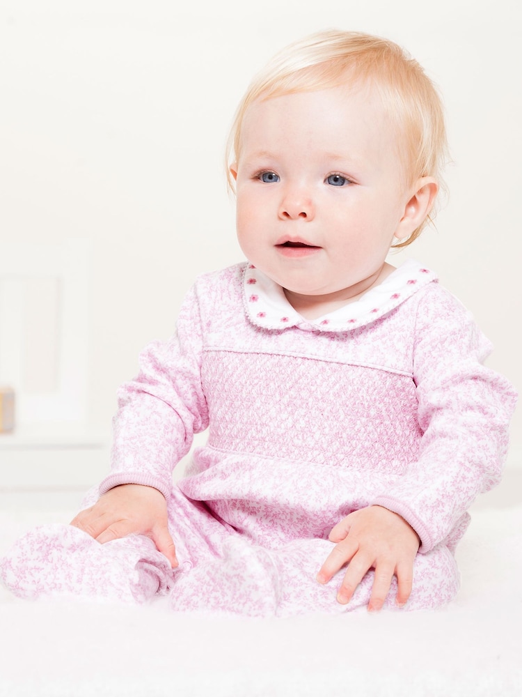 JoJo Maman Bébé Pink Floral Smocked Cotton Baby Sleepsuit - Image 2 of 4