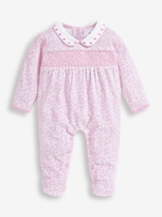 JoJo Maman Bébé Pink Floral Smocked Cotton Baby Sleepsuit - Image 4 of 4