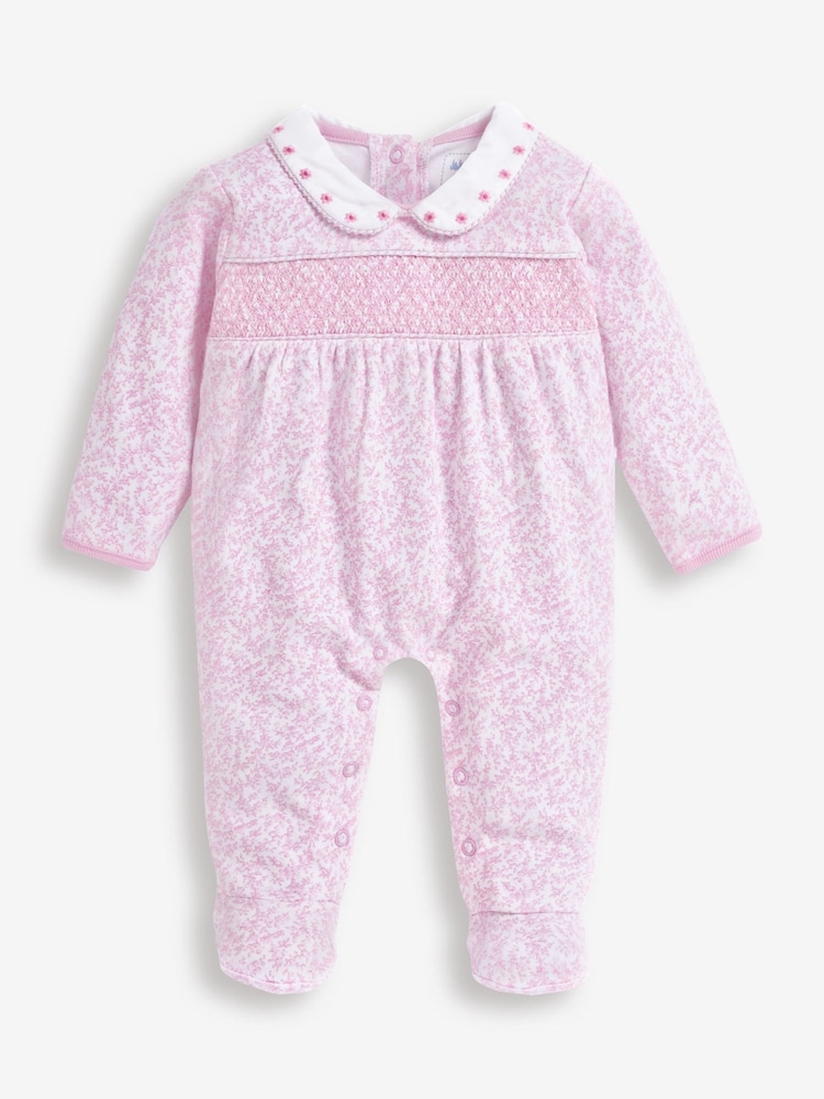 JoJo Maman Bébé Pink Floral Smocked Cotton Baby Sleepsuit - Image 4 of 4