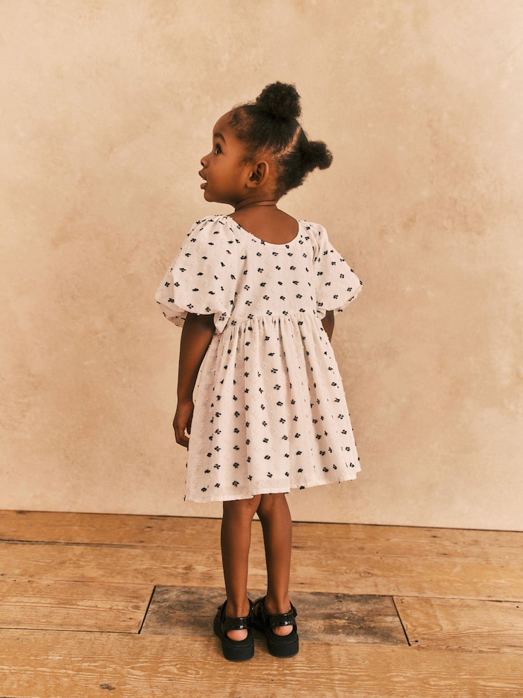 Black/Cream Textured Puff Sleeve Dress (3mths-8yrs) - Image 2 of 6 Black/Cream Textured Puff Sleeve Dress (3mths-8yrs) - Image 2 of 6