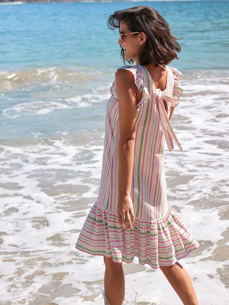 Ecru White Stripe Ruffle Sleeve Tie Back Mini Dress With Linen - Image 1 of 4