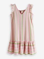 Ecru White Stripe Ruffle Sleeve Tie Back Mini Dress With Linen - Image 3 of 4